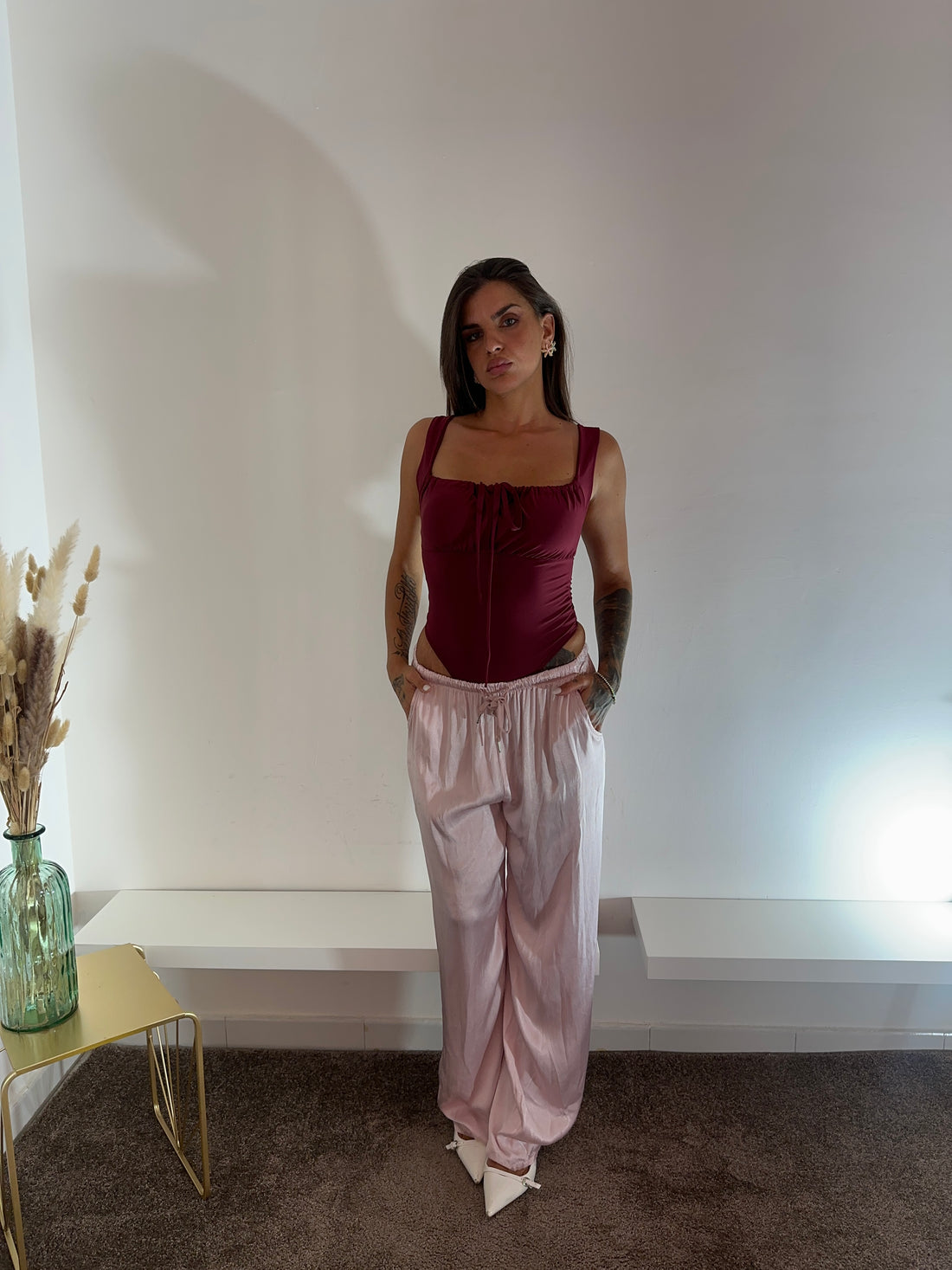 Pantaloni satinati rosa cipria