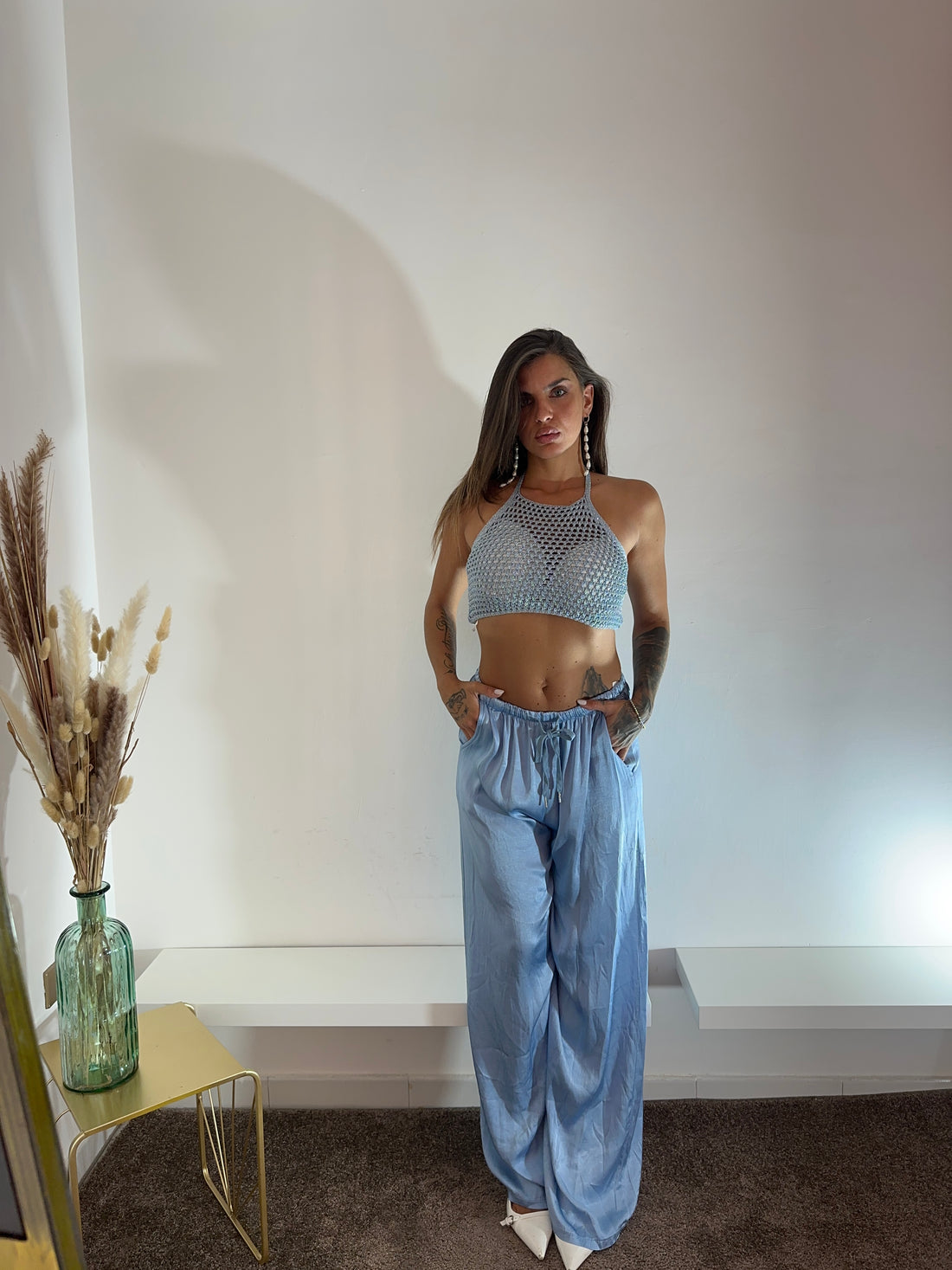 Pantaloni satinati celesti