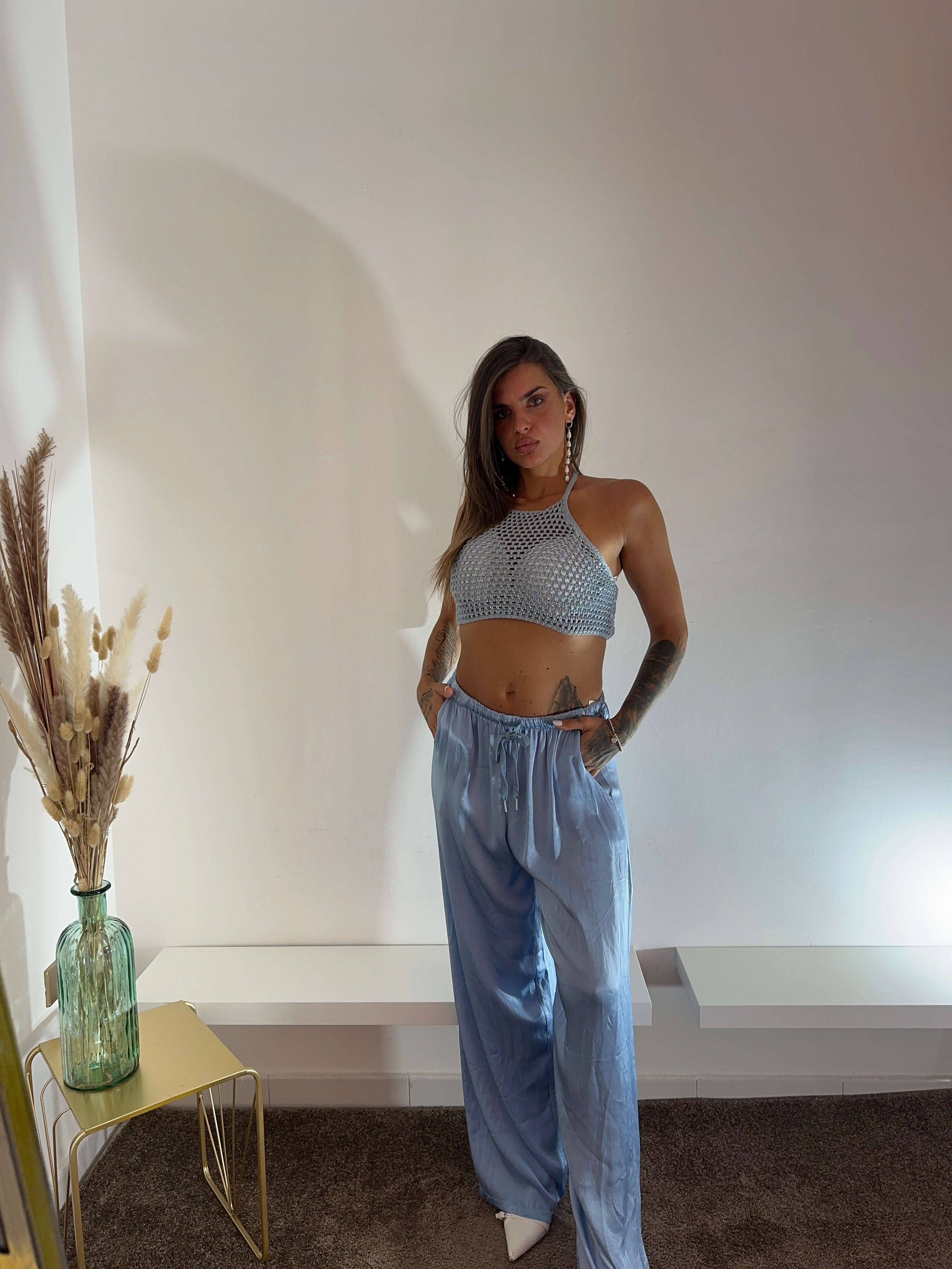 Pantaloni satinati celesti