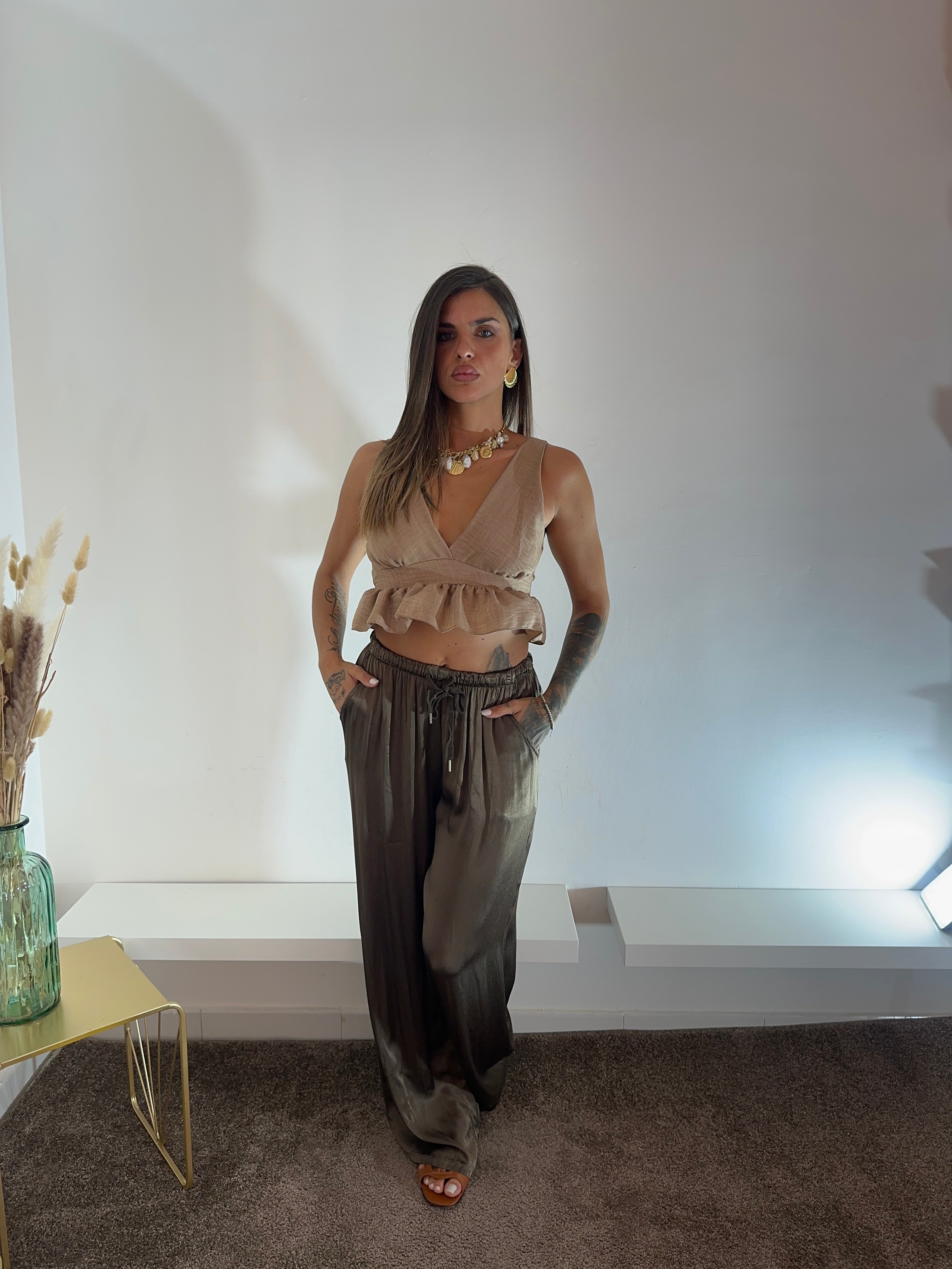 Pantaloni satinati marroni